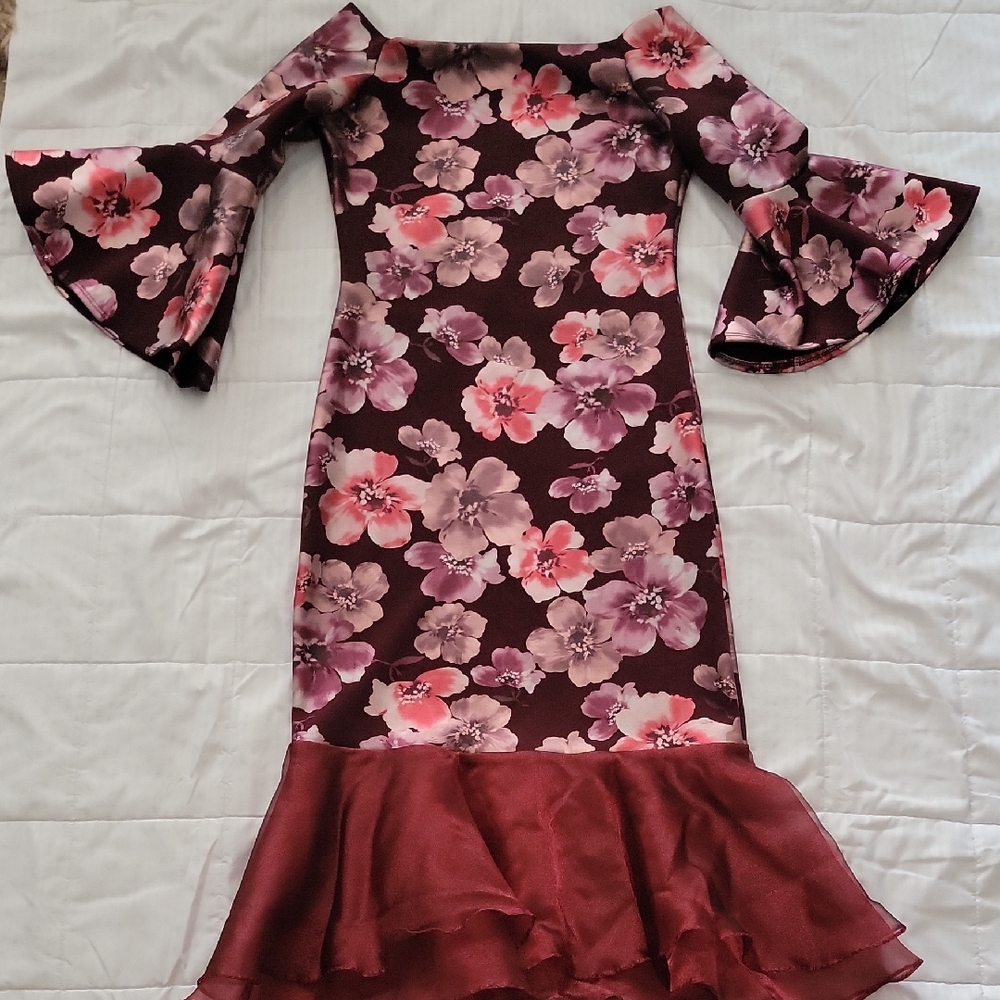 Olivia Matthews Burgundy Floral Off-Shoulder Bell Sleeve Dress with Pink Blooms